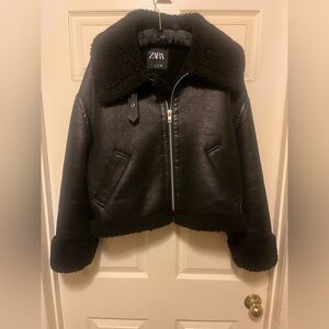 Zara Black Faux Leather Shearling Jacket size Large